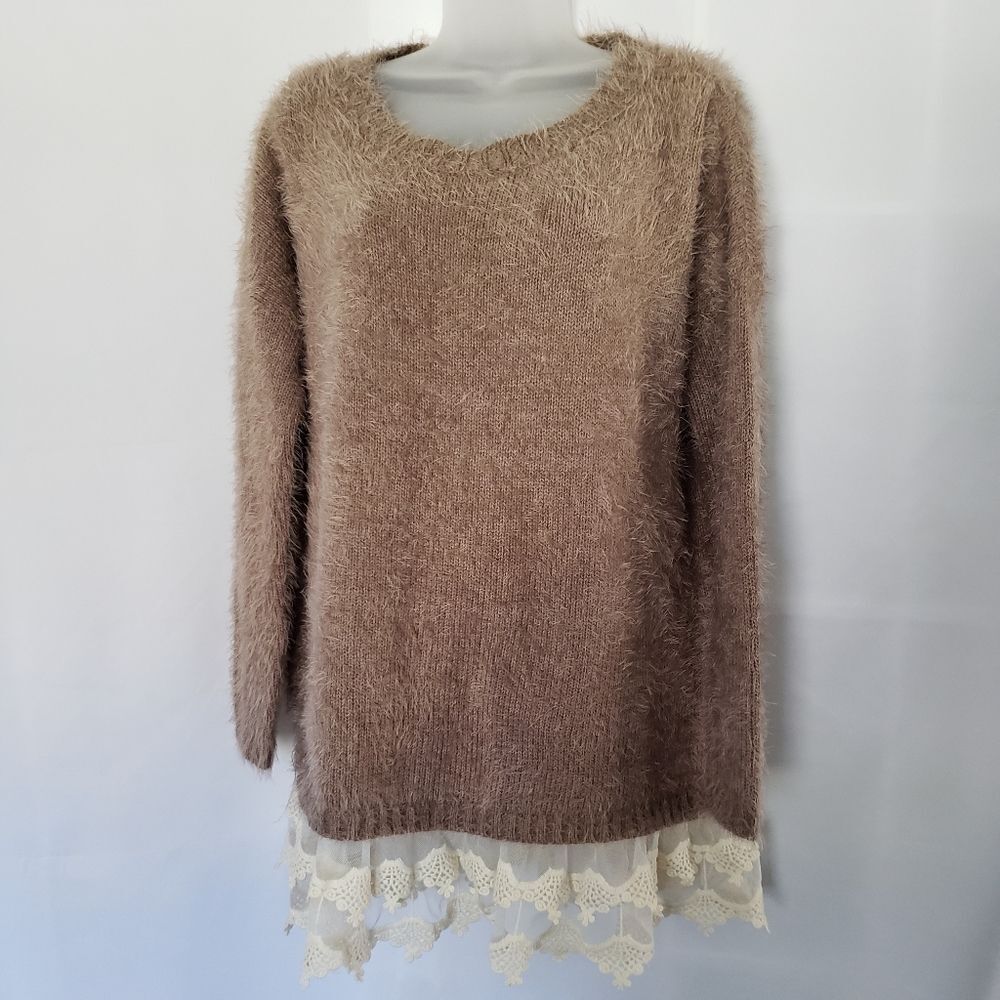 Cecico Tan Knit Eyelash‎ Cozy Soft Sweater sz S